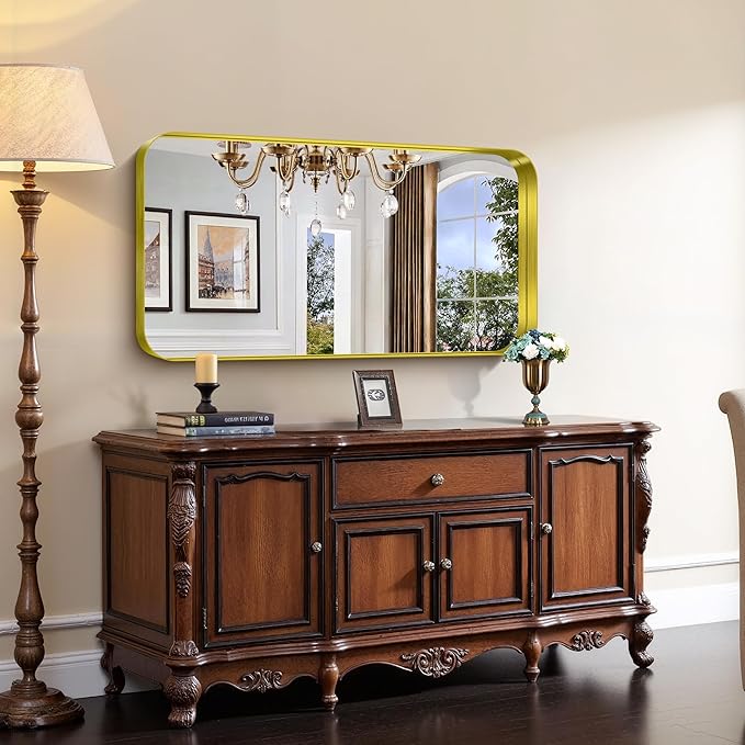 CIRCUMI Gold Bathroom Mirror, Rounded Corner, Tempered Glass, Large Mirror