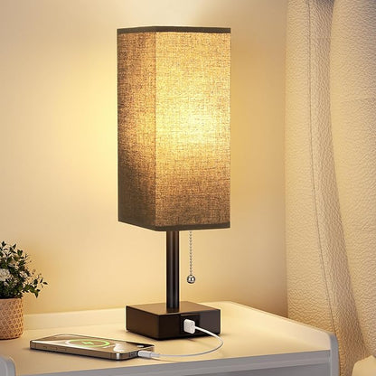 Black Small Table Lamp for Bedroom - 3 Color Temperature 3000K 5000K 4000K Bedside Lamp, Pull Chain Control, USB A and C Charging Ports, Black Base, for Kids Office Dorm Nightstand, Bulb Included
