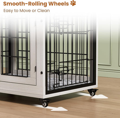 Lulive Dog Crate Furniture for Medium Dogs, 32'' Dog Kennel Indoor with Cushion & Wheels Wooden Dog Cage Double Doors Dog Crate End Table, White