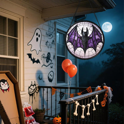 Stained Glass Window Hanging - Halloween Black Bat Purple Wings Monster Suncatcher for Doors Garden Home Spooky Sun Catchers Gothic Decor Horror Gift for Women Men Friend Boy Girl 6.3 in