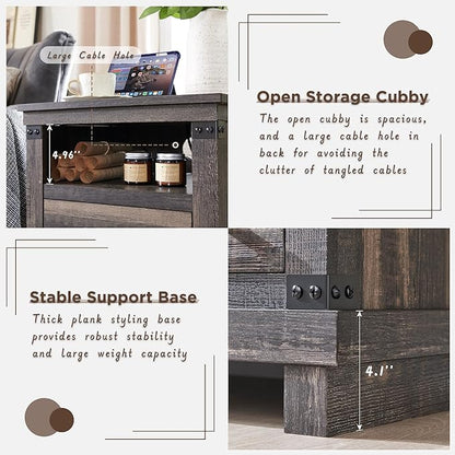 RedLemon Farmhouse Nightstand Set of 2 with Charging Station, 18" Rustic Night Stand with 2 Storage Drawers, Wood End Table for Bedroom, Living Room, Dark Rustic Oak