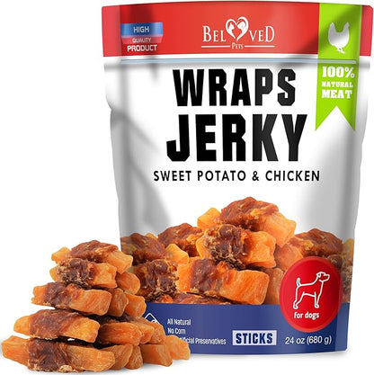 Dog Treats Sweet Potato Jerky Chicken Wraps 24 oz - Human Grade - Grain Free Organic Meat - All Natural High Protein Dried Strips - Best Chews for Small & Large Dogs - Bulk Soft Pack Made for USA