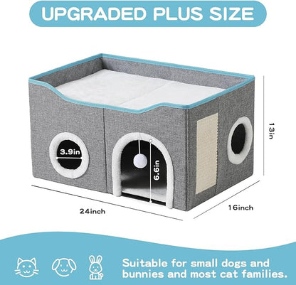 Large Cat Bed for Indoor Cats, Extra Wide Cat Cave House with Scratch Pad and Fluffy Ball, Foldable Cat Hideaway for Kitten Bed, Cat Condo for Cats (Grey, X-Large)