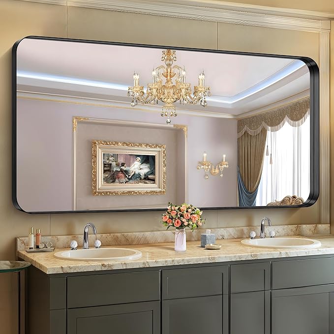CIRCUMI Black Bathroom Mirror, Rounded Corner, Tempered Glass, Large Mirror