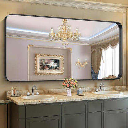 CIRCUMI Black Bathroom Mirror, Rounded Corner, Tempered Glass, Large Mirror