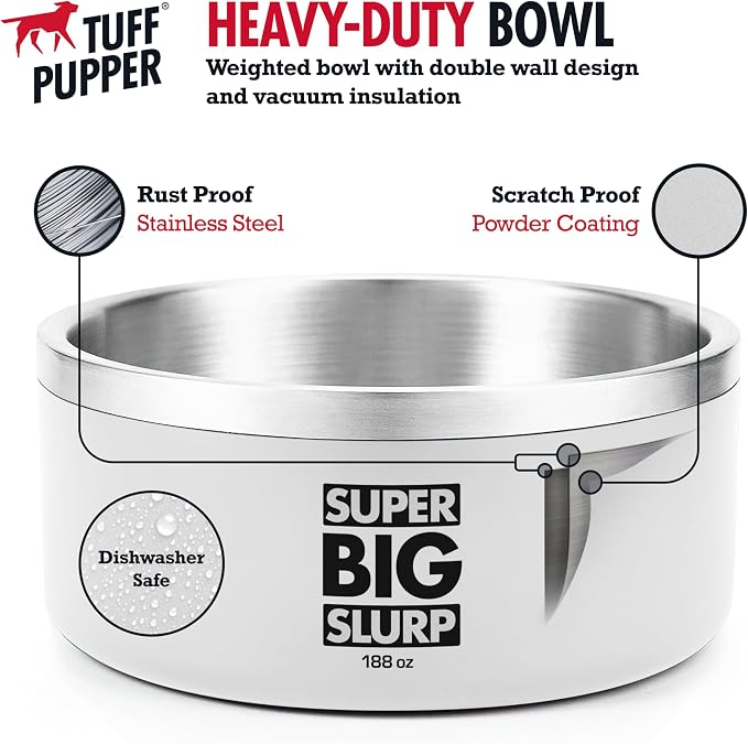 Tuff Pupper Heavy Duty Insulated Dog Bowl | Double Wall Stainless Steel Dog Food Dish | Non-Slip Spill Proof Dishwasher Safe Cat Bowl | Water Dish for Feeding Large Medium Small Pets (188oz, White)