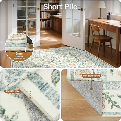 GENIMO 5x7 Washable Area Rug, Non-Slip Vintage Boho Floral Carpet, Soft Low-Pile Thin Bedroom Rug for Living Room, Dining Room, Nursery, Green