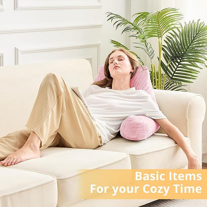 Sasttie Reading Pillow, Velvet Back Pillow for Bed Sitting Up, Adult Back-Rest Support Cushion with Arms for Sit Up on Couch, Sofa, and Floor, Dorm Essentials, Reading Accessories, Pink