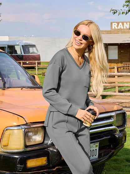 difficort Women's 2 Piece Lounge Sets Casual Travel Airport Outfits Side Slit V-Neck Tops & Wide Leg Pants Matching Set