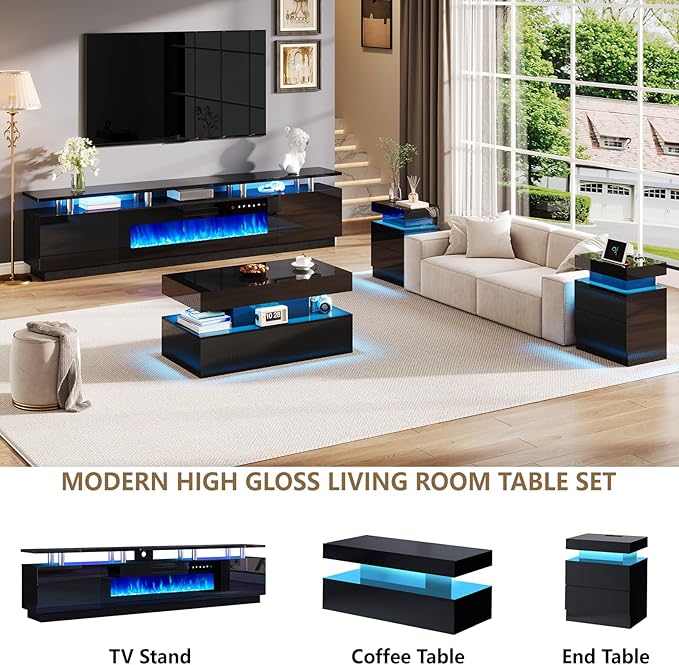 AMERLIFE 90" High Gloss 2 Tier TV Stand