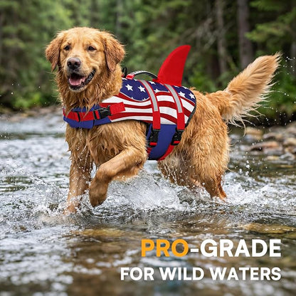 Shark Dog Life Vest for Swimming, Pet Life Vests for Boating, High Buoyant DogLife Jacket, Ripstop High Flotation Swimsui for Small, Medium, Large Dogs (USA Flag,XXL)