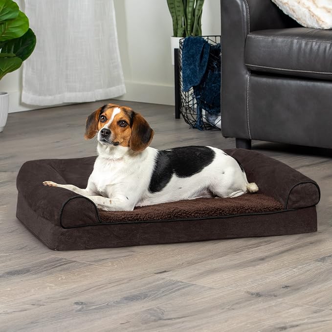FurHaven Soft, Orthopedic Foam Sofa Dog Bed with Washable & Removable Cover - Sherpa/Chenille - Coffee, Dogs Up to 35 lbs - Medium
