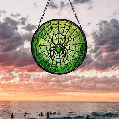 Stained Glass Window Hanging - Black Green Horror Spider Web Suncatcher for Doors Garden Patio Sun Catchers Decor Christmas Halloween Birthday Gifts for Women Men Mom Nana Friend 15 in