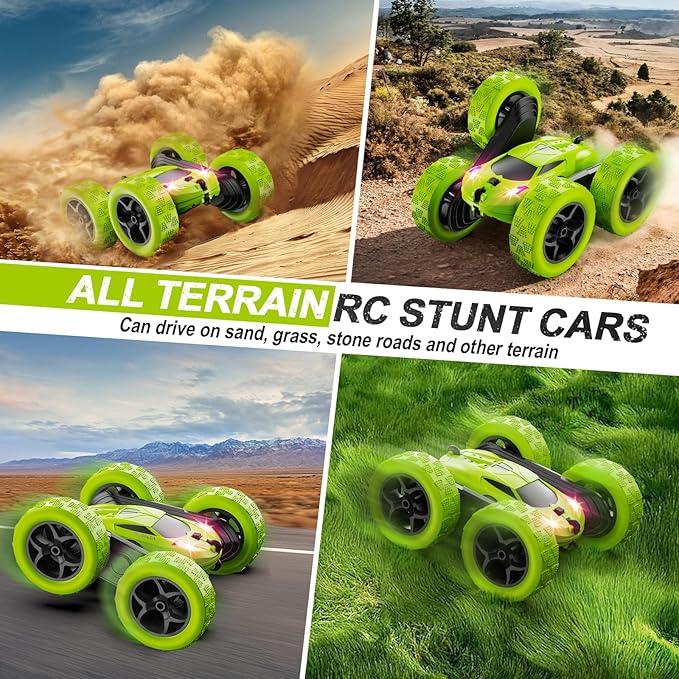 Remote Control Car for Kids Ages 6+, RC Cars Stunt Car Toy 4WD Double Sided 360° Rotating Remote Control with Headlights, Birthday Xmas Gifts for Boys 6 7 8 9 10 11 12 Green