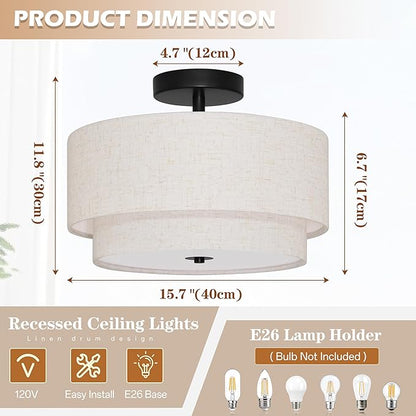 3 Light Semi Flush Mount Ceiling Light Fixture 15.7 Inch Modern Black Drum Ceiling Light Fixture with 2-Layer Fabric Shade Dimmable Close to Ceiling Light for Living Room Hallway Bedroom Entryway