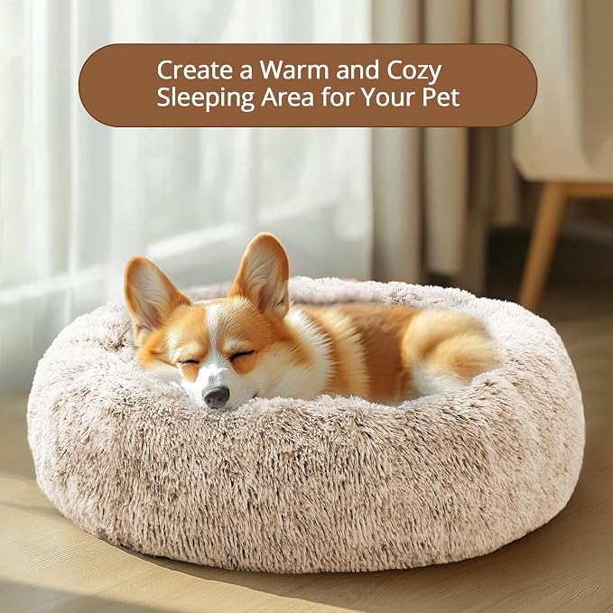 JOLLYVOGUE Calming Dog Bed for Small Dogs - 23 inches Donut Washable Small Dog Bed for Kittens & Puppies, Anti-Slip Round Fluffy Plush Faux Fur Cat Beds (Fits up to 25 lbs Pets, Cream Brown)