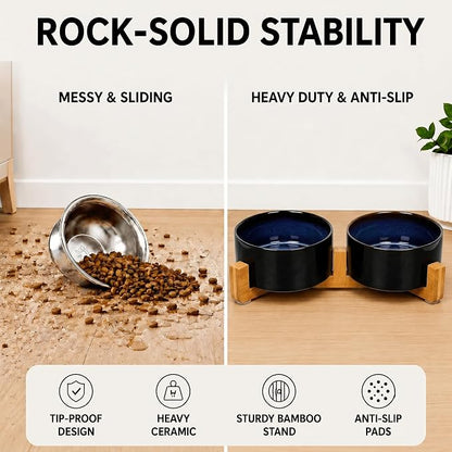 SPUNKYJUNKY Ceramic Dog and Cat Bowl Set with Wooden Stand, Modern Cute Weighted Food Water Set for Small Size Dogs (13.5OZ) & Medium Sized Dogs (28.7OZ) & Cats (3.6 Cups, 2 × Starry Blue)