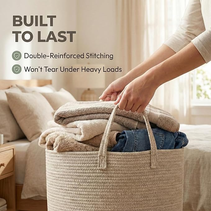 65L Extra Large Blanket Basket for Living Room - Woven Cotton Rope Laundry Hamper with Reinforced Handles - Storage Bin for Pillows, Comforters & Toys - Machine Washable,Oatmeal