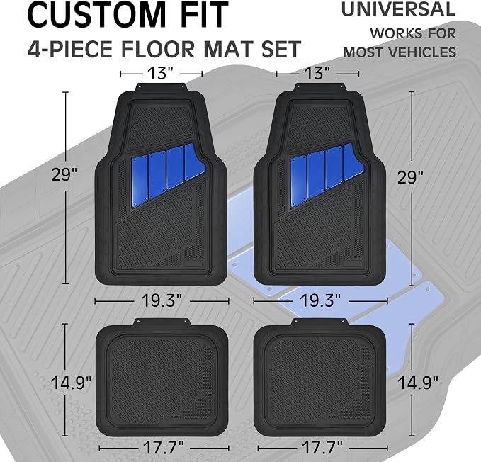 CAR PASS Heavy Duty Rubber Floor Mats 4-Piece Car Mat Set - Universal Waterproof Trim to Fit Floor Mats for Car Sedan SUV Coupe Auto, odorless Durable All-Weather Automotive Mats (Black & Royal Blue)