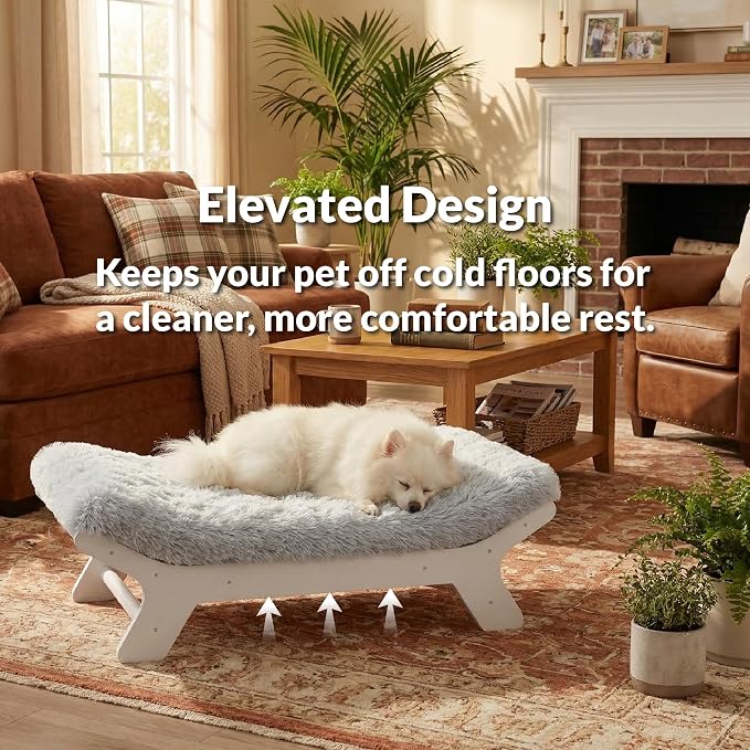 Elevated Wood Dog Bed Frame Mat Set, Whitecolor, Medium | Raised Sturdy Attractive Dog Sofa Couch Furniture,60 lb