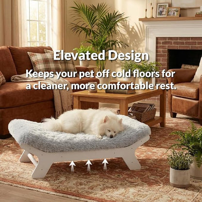 Elevated Wood Dog Bed Frame Mat Set, Whitecolor, Medium | Raised Sturdy Attractive Dog Sofa Couch Furniture,60 lb