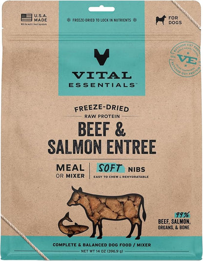 Vital Essentials Freeze-Dried Raw Beef & Salmon Meal or Mixer Dog Food Soft Nibs | 99% Beef, Salmon, Organs & Bone |14 oz