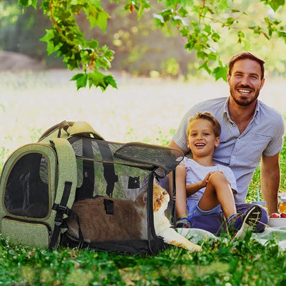 Petsfit Expandable Cat Backpack Carrier for Cats and Small Dogs, 18 lb | 65% expandable rest zone, padded waist belt, airflow back panel, locking zippers, safety tether and washable dual-sided mat.