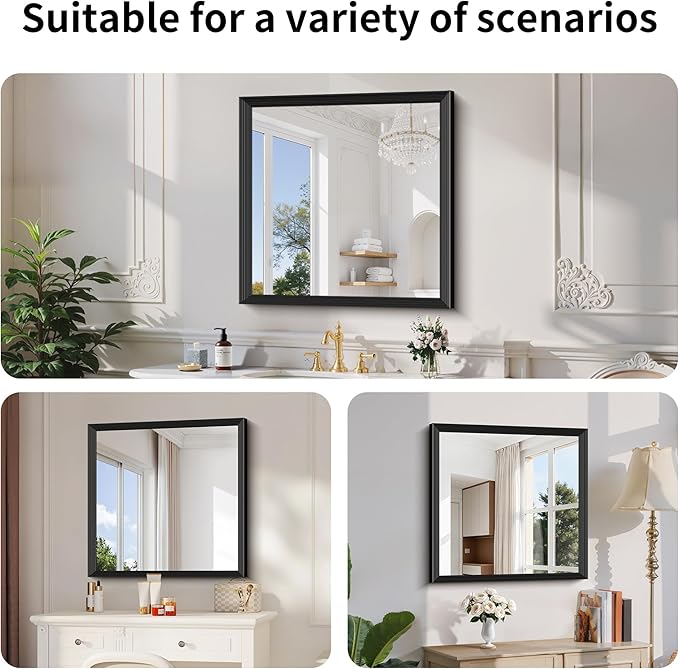Black Bathroom Mirror 30 x 30 Inch Rectangle Wave Beveled