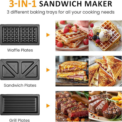 Sunvivi Waffle Iron, Panini Press Grill and Sandwich Maker Set, 3 in 1 Electric