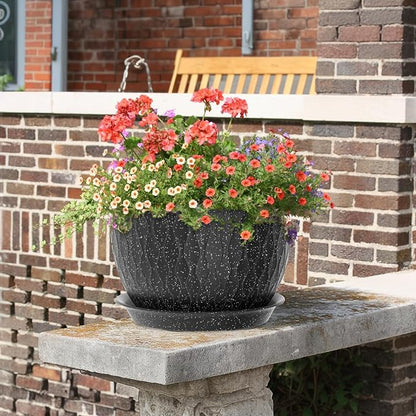Meowell 12/10/9 inch Large Flower Pots, 3 Set Big Plant Pots for Outdoor Indoor Plants with Water Ripples, Wide Plastic Planters with Drainage Holes and Saucers for Garden House Plants, Speckled Black