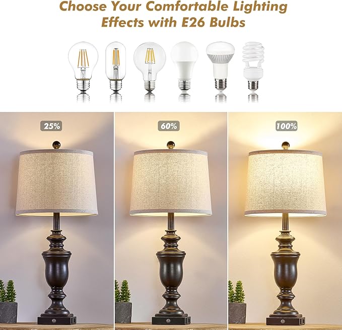 27.5" Set of 2 Farmhouse Table Lamps for Bedroom, 3 Way Dimmable Bedside Lamp with 2 USB +AC Outlet Nightstand Lamps for Living Room Resin Rustic Touch Lamps (Antique Black)