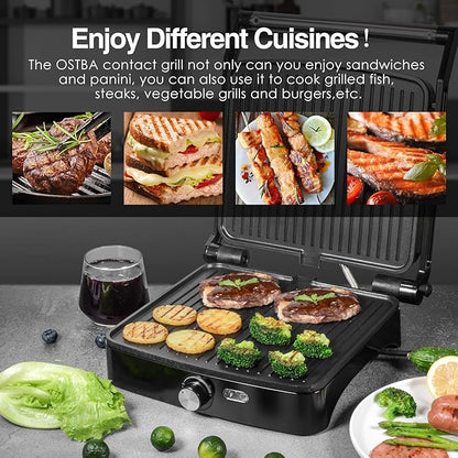 OSTBA Panini Press Grill with Adjustable Temperature, 4-Slice Indoor Grill