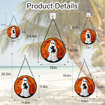 Stained Glass Window Hanging - Halloween Cute White Ghost Black Cat Suncatcher for Doors Garden Home Spooky Orange Sun Catchers Gothic Decor Horror Gift for Women Men Friend Boy Girl 9.8 in