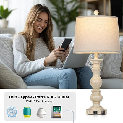 28" Farmhouse Table Lamps Set of 2 with USB C+A Ports & AC Outlet for Vintage Living Room Retro Bedroom,3-Way Dimmable Touch Lamp Resin Bedside Lamps for Nightstand Side End Table, Beige