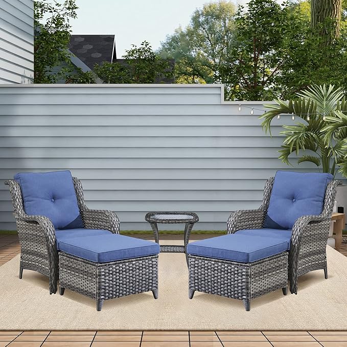 Rilyson Wicker Patio Furniture Set - 5 Piece Rattan Outdoor Sectional Conversation Sets with 2 Chairs,2 Ottomans and 1 Side Table for Porch Deck Garden(Mixed Grey/Blue)