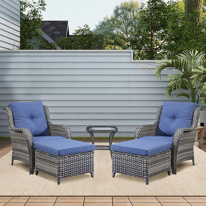 Rilyson Wicker Patio Furniture Set - 5 Piece Rattan Outdoor Sectional Conversation Sets with 2 Chairs,2 Ottomans and 1 Side Table for Porch Deck Garden(Mixed Grey/Blue)