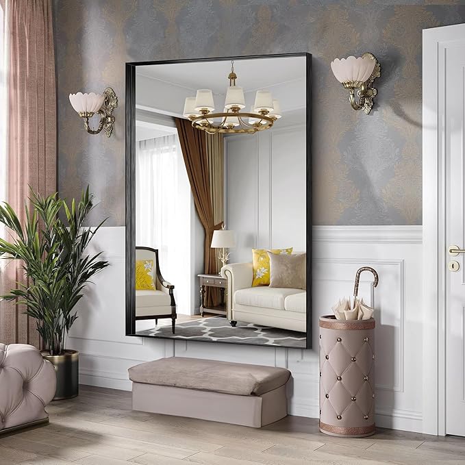 CIRCUMI Black Bathroom Mirror, Brushed Finish, Tempered Glass, Large Mirror