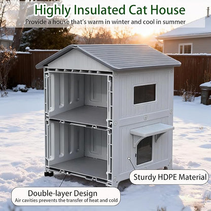 Rockever Plastic Outdoor Cat House with Insulated Liner, 100% Insulated Outdoor Cat Houses for Winter, Waterproof 2 Story Outside Cat Shelter, Clean and Assemble Easily-White
