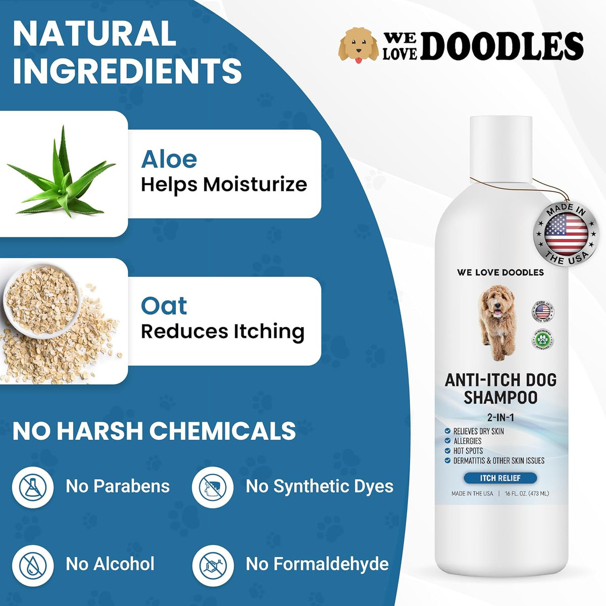 Premium Anti Itch Dog Shampoo for Sensitive Skin, Made in USA, Dry Skin Treatment for Dogs, Great for Allergies, Itching, Hot Spots, Natural Ingredients & Allergy Relief, 16 OZ [We Love Doodles]