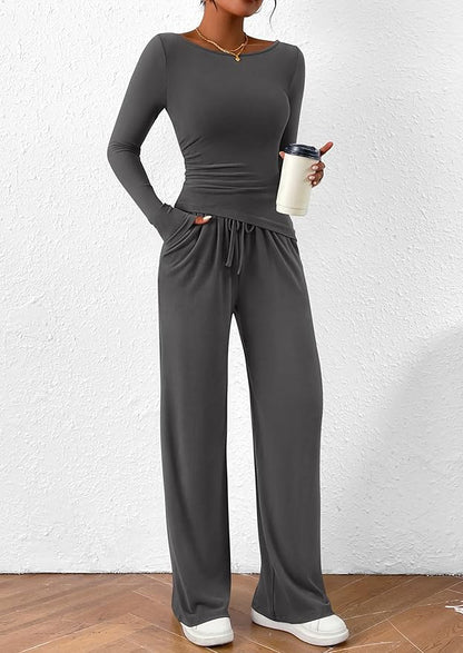 PRETTYGARDEN Women's 2 Piece Lounge Sets Asymmetrical Long Sleeve T Shirt Wide Leg Pants Casual Outfits Tracksuit