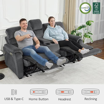 MCombo 73.8'' Wall Hugger Power Loveseat Recliner, Reclining Loveseat with Console, Adjustable Headrest, USB Charge Ports, Cup Holders, for Living Room, RVs, Small Spaces, Fabric ST258M2 (Dark Grey)