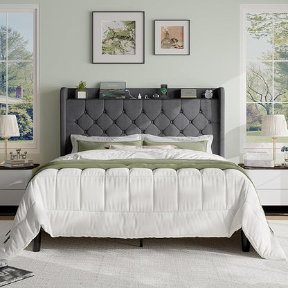 SHA CERLIN Queen Platform Bed Frame with Charging Station, Velvet Wingback Headboard with Storage Shelf, Wooden Slats Support, Ample Under-Bed Space, No Box Spring Needed, Easy Assembly, Dark Grey