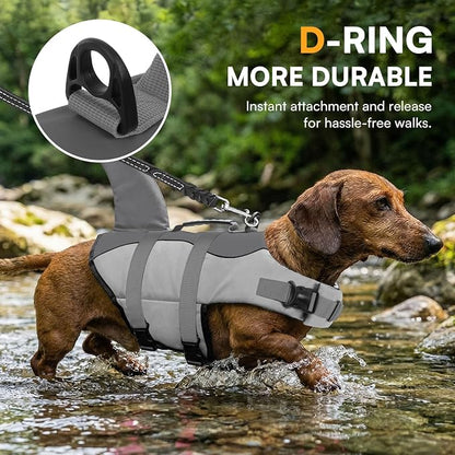 Dog Life Jacket Ripstop Shark Dog Safety Vest Adjustable Preserver with High Buoyancy and Durable Rescue Handle for Small,Medium,Large Dogs, Grey Shark Small