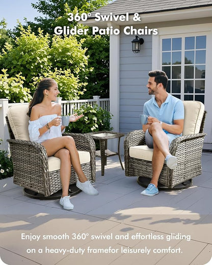 CAODOC 3-Piece Swivel Rocking Rattan Chair Outdoor, Patio Bistro Furniture Conversation Set, Wicker Chair with Coffee Table Beige