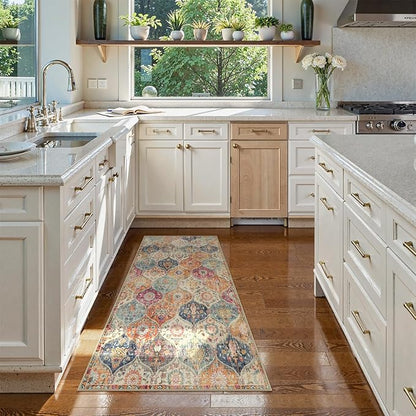 Lahome Kitchen Rugs Non Slip Washable Rugs for Entryway, 2x4 Rug Non-Slip Moroccan Trellis Ultra-Thin Indoor Door Mat Small Carpet for Bathroom Bedroom Entry, Cream/Multi