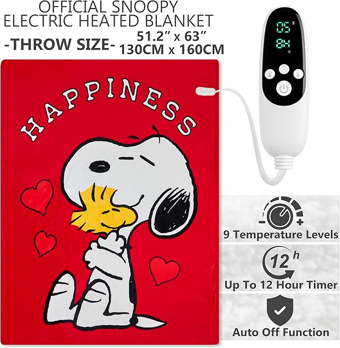 Peanuts Snoopy Heated Blanket Electric, Luxurious Fleece Throw, 9 Heat Settings