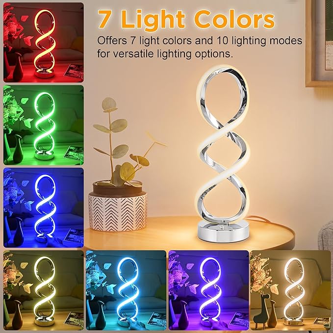 Modern Spiral RGB Table Lamp, Touch Dimmable Bedside Lamp, 7 Colors 10 Light