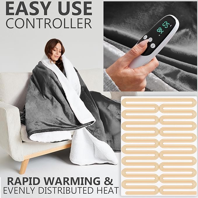Heated Blanket Electric Luxurious Fleece Queen Blanket, 9 Heat Settings & 12H