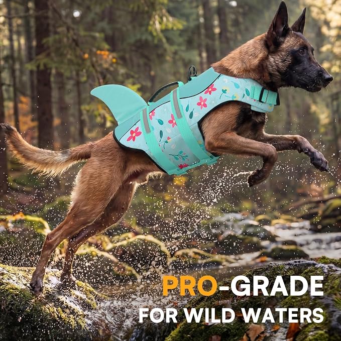 Dog Life Jacket, Dog Life Vest for Swimming, Doggie Shark Swimming Vest with Rescue Handle, Adjustable Reflective Pet Lifesaver Preserver for Small Dogs, Blue Flower XS