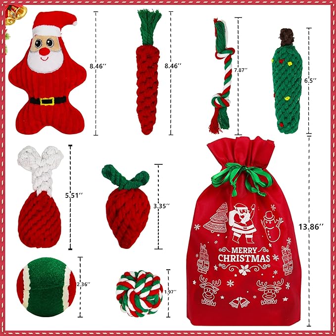 8 Pieces Christmas Dog Chew Toys, Santa Puppy Teething Chew Toys with Adorable Squeaky Toys, Training Ball, Christmas Storage Bag